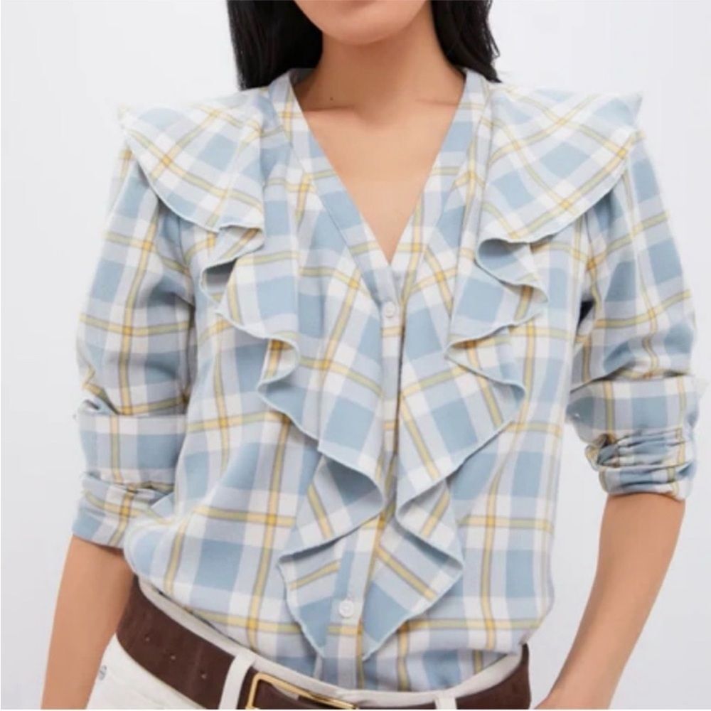 Tuckernuck Blue Plaid Button Down Shirt Ruffle Blouse NWT Small